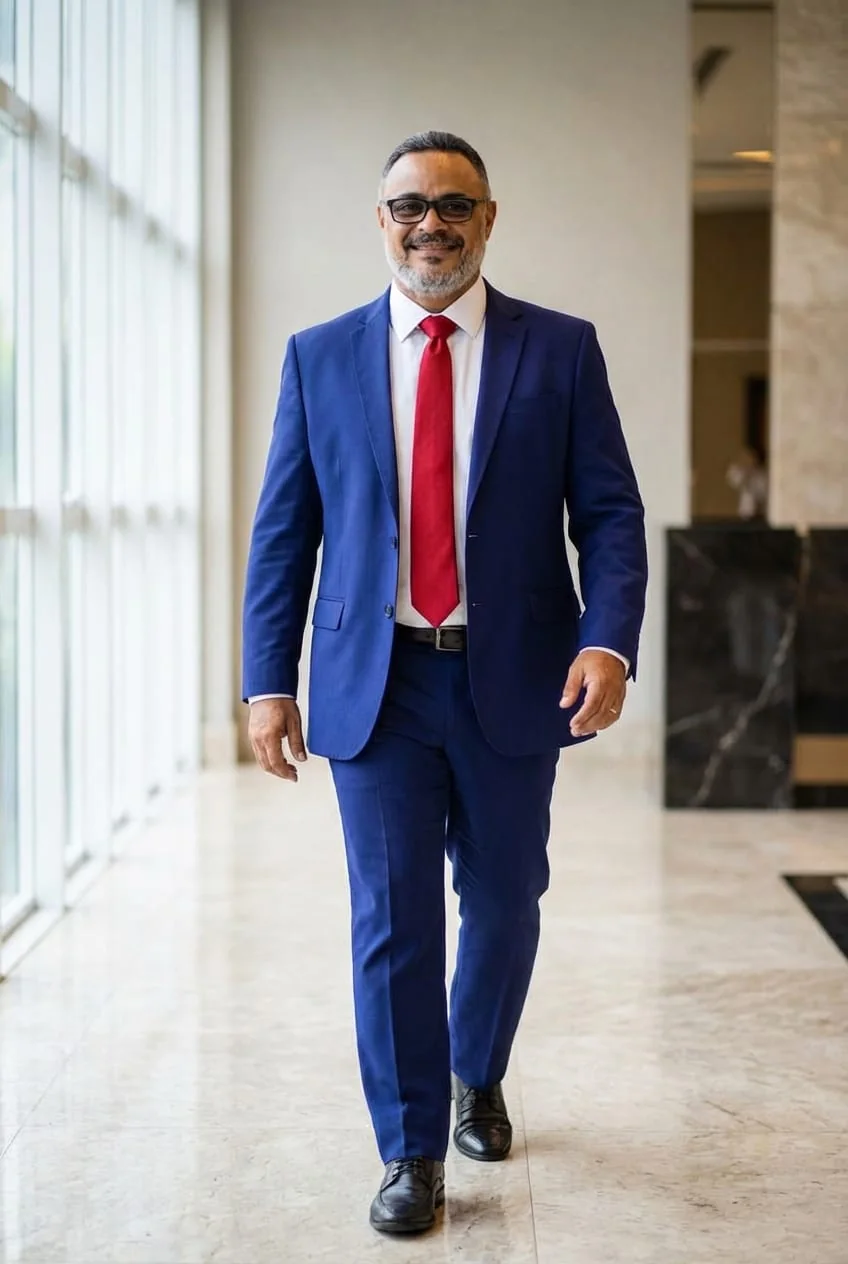 Fabiano Paiva Dias caminhando em um saguão corporativo, de terno azul e gravata vermelha