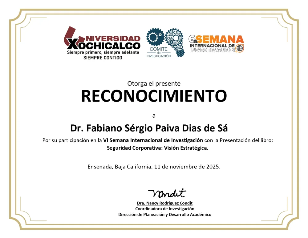 Certificado de reconhecimento pela palestra na Universidad Xochicalco, México